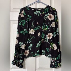 H&M Women’s Size 14 Black and Green Floral Long Sleeve Blouse